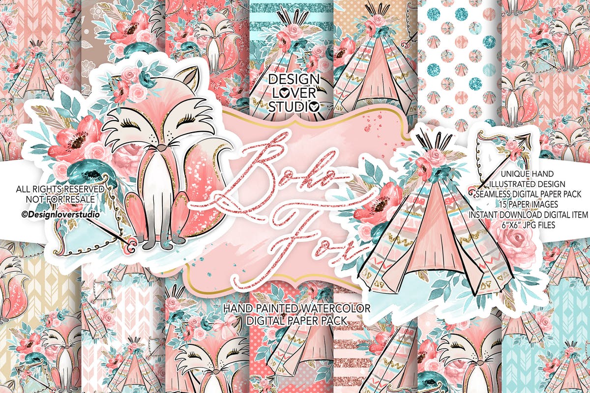 波西米亚风格狐狸无缝图案设计素材 Boho Fox digital paper pack插图