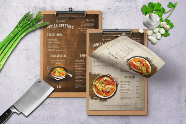 印度餐厅A4菜单设计PSD模板 Indian A4 &amp; US Letter Single Page Food Menu