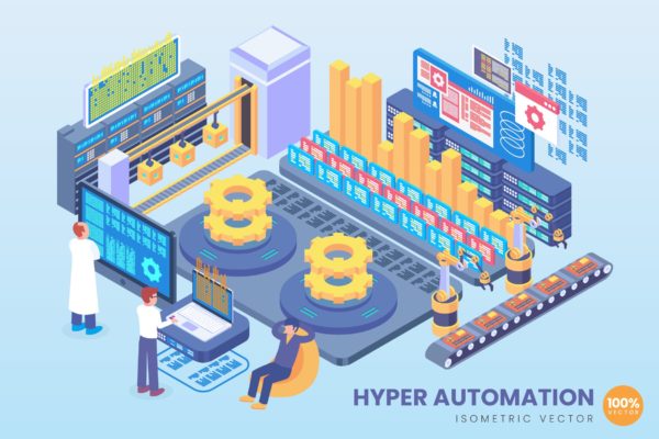 超自动化技术等距矢量素材库精选科技概念插画 Isometric Hyper Automation Tech Vector Concept