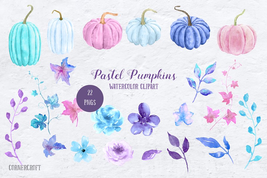 水彩彩色南瓜剪贴画 Watercolor Pastel Pumpkin Clipart插图(2)