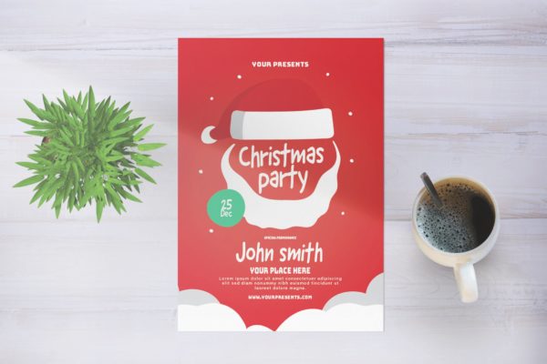 红色创意圣诞老人形象活动派对海报传单模板 Christmas Party