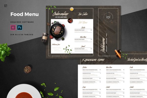 三折页西餐厅菜单设计模板 Trifold Restaurant Menu