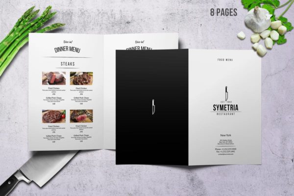低调奢华西餐折页菜单模板 Symetria Simple Style A4 Menu