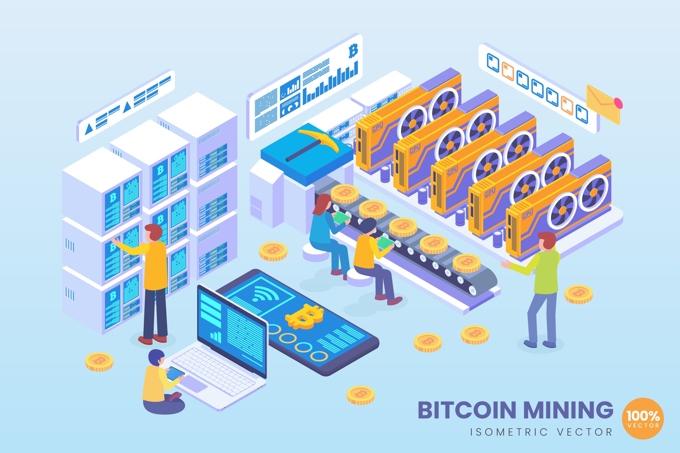 比特币挖矿等距矢量素材库精选概念插画v1 Isometric Bitcoin Mining Vector Concept插图