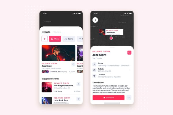 音乐活动事件APP应用列表&amp;详情界面UI设计素材库精选模板 Music Event Mobile App UI Kit Template