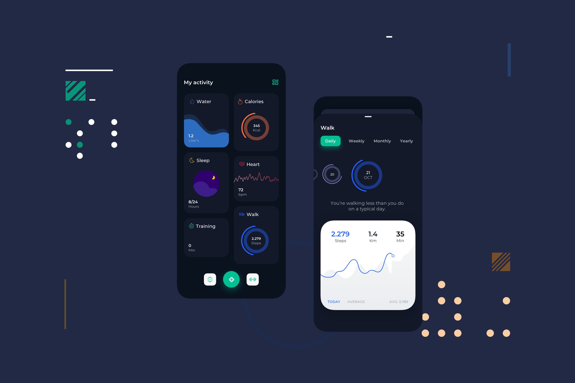健康监测APP应用UI界面设计素材库精选模板[夜间模式] Health Activities Dark Mode Mobile UI – TG插图