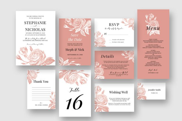 玫瑰花婚礼邀请函设计模板套装 Rose Blush Roses Wedding Suite