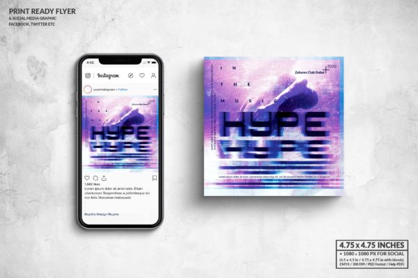 音乐俱乐部传单&amp;社交广告图设计模板 Hype Music Square Flyer &amp; Social Media Post