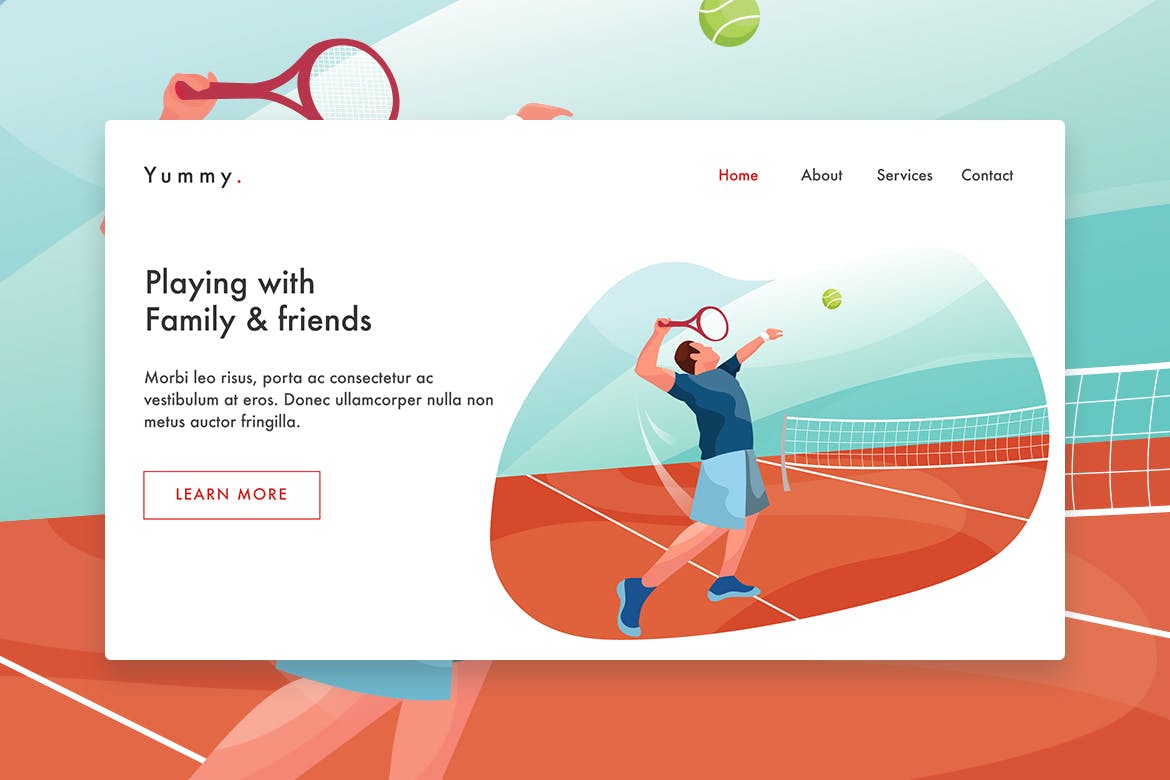 男子网球运动员手绘插画网站着陆页设计模板 Male Tennis Player web template Landing Page插图(1)