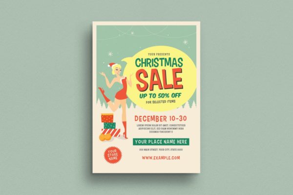 经典圣诞节节日促销海报模板 Retro Chirstmas Sale Event Flyer