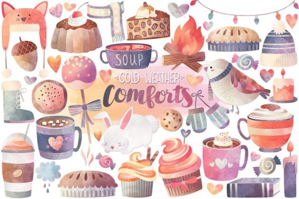 秋冬主题水彩剪切画（39款独立元素） Watercolor Autumn &amp; Winter Clipart