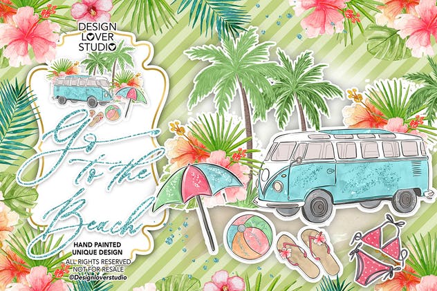 夏季海滩水彩剪贴画设计素材 Go to the Beach design插图(3)