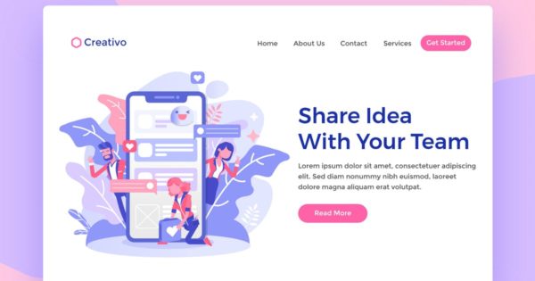 网站着陆页设计团队沟通交流APP插画素材 Coworker Messaging App Landing Page Illustration