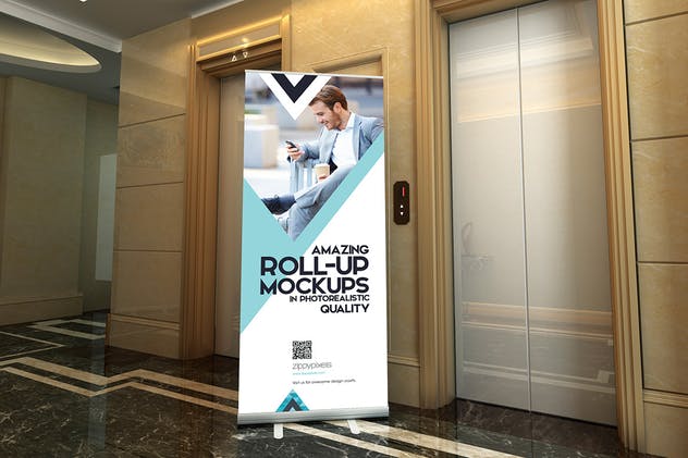 高端大厦场景易拉宝广告Banner样机模板 Roll-up Banner Mockup PSD插图(2)