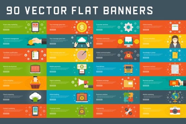 90个网站标题推广横幅模板和平面图标设计 90 Flat website banners templates