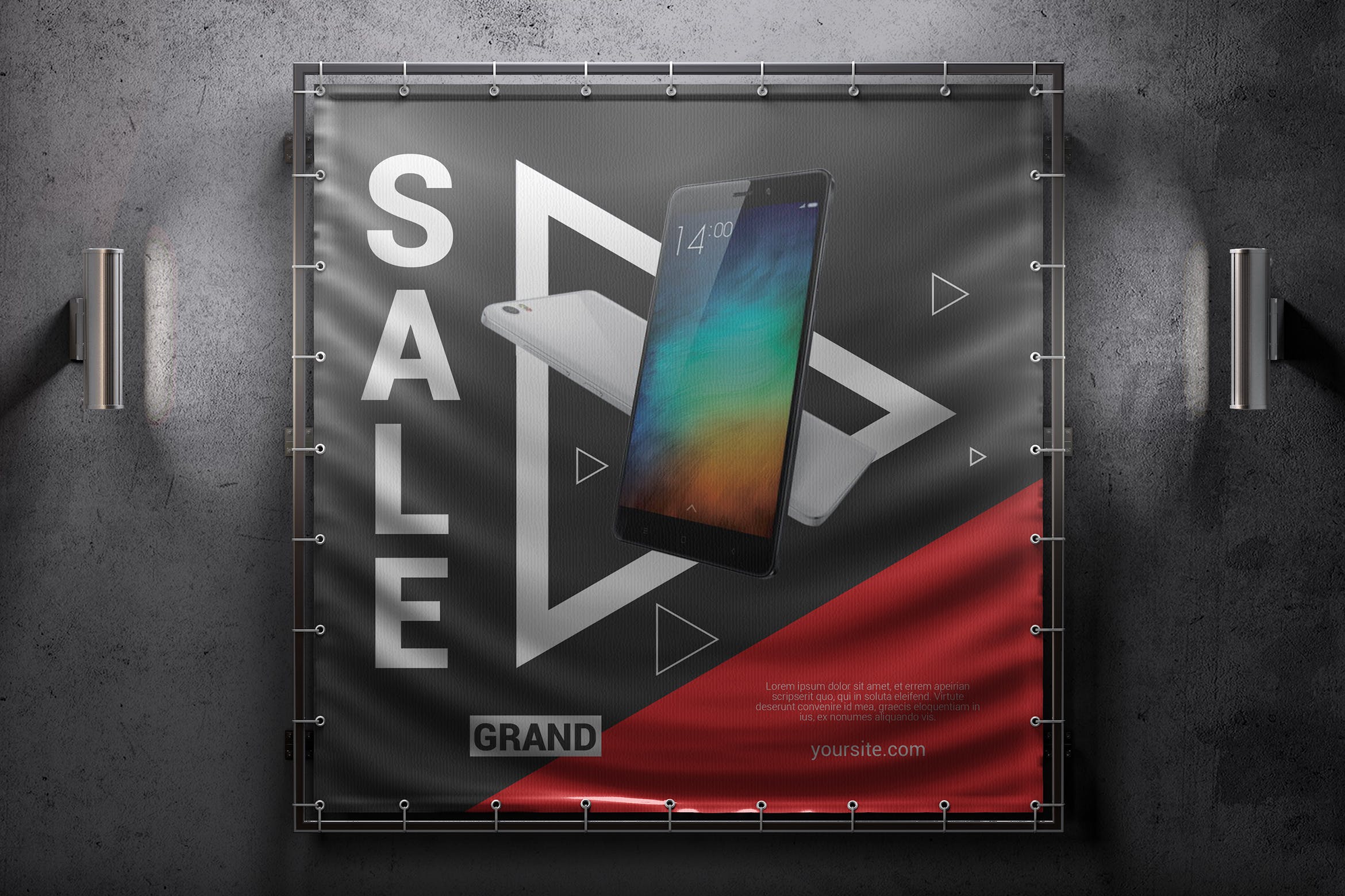 方形户外广告横幅效果图样机素材库精选模板 Square Outdoor Advertising Banner Mockup插图