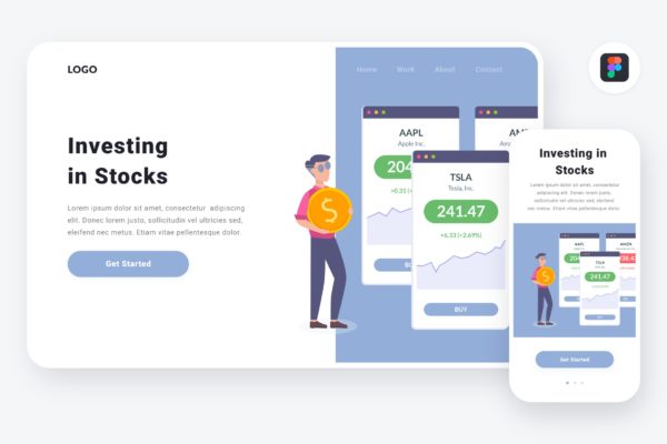 股票投资金融主题APP&amp;Web设计矢量插画[Figma&amp;SVG] Investing in stocks illustration (Figma, SVG)