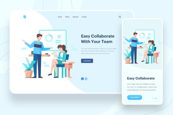 协作平台网站矢量概念插画素材 Easy Collaborate Illustration – Website Header