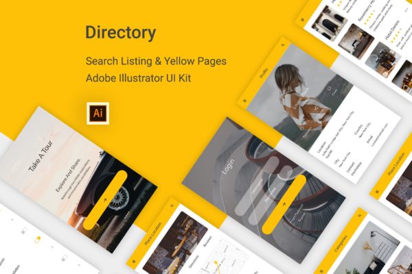 目录列表&amp;黄页APP应用UI设计素材库精选套件 Directory – Listing Mobile App – Adobe Illustrator