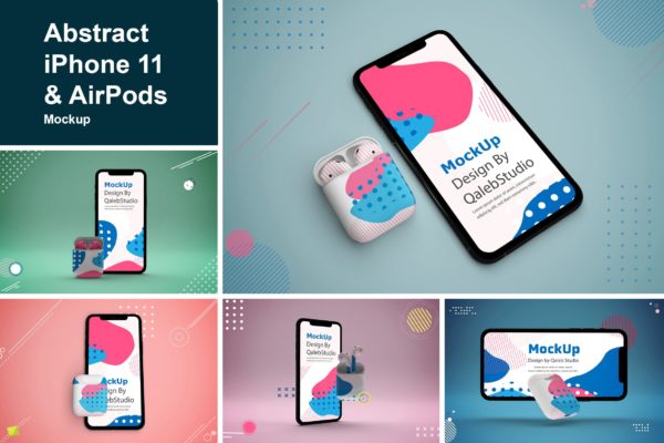 抽象设计风格iPhone 11手机&amp;AirPods耳机素材库精选样机模板 Abstract iPhone 11 &amp; AirPods Mockup