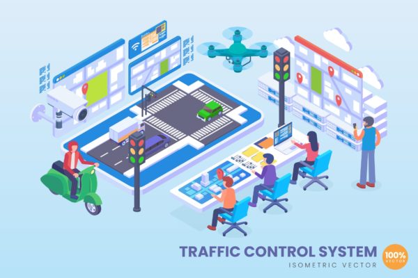 交通控制系统等距矢量素材库精选概念插画素材 Isometric Traffic Control System Vector Concept