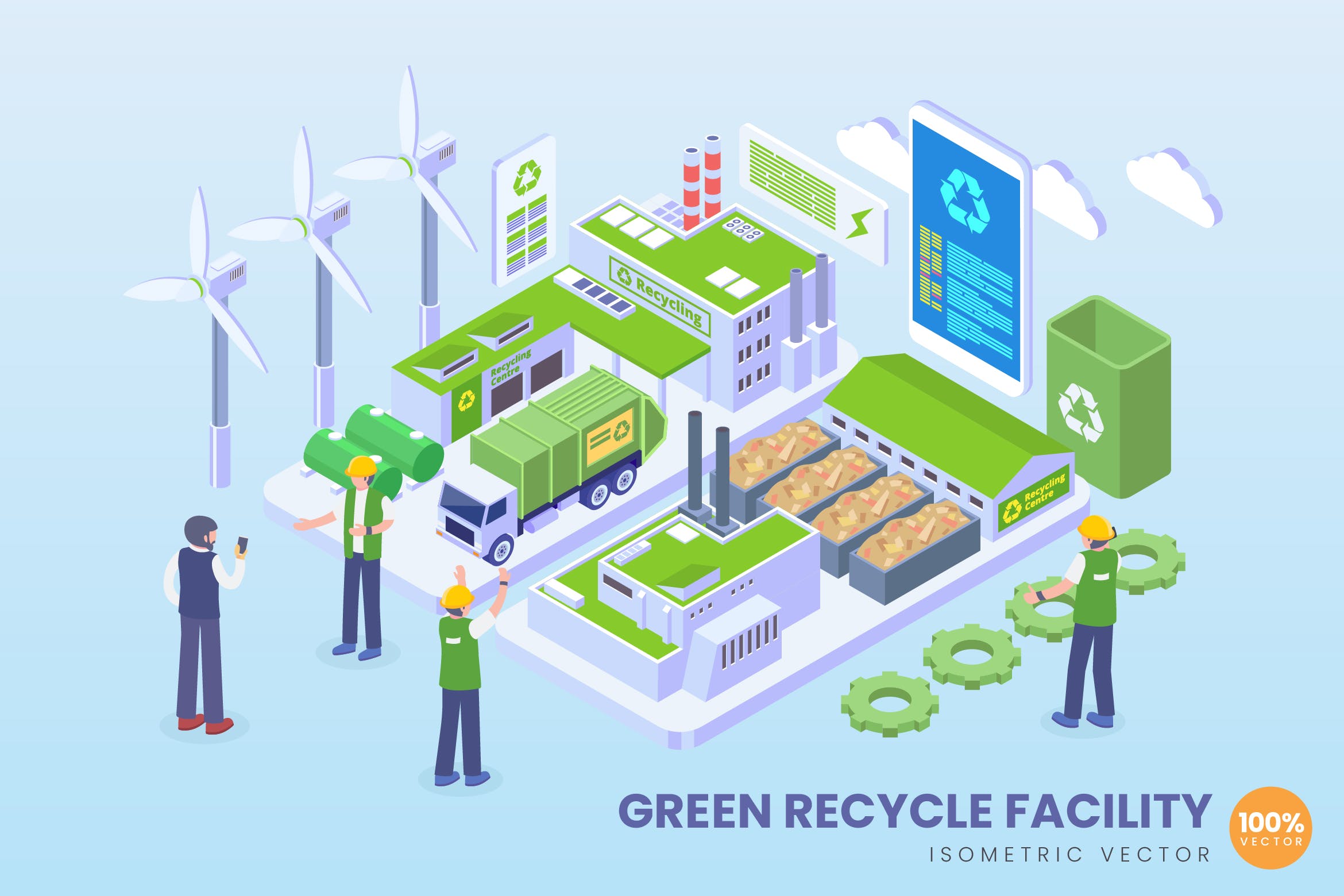 绿色循环环保工厂场景等距矢量科技素材库精选概念插画v1 Isometric Green Recycle Facility Vector Concept插图