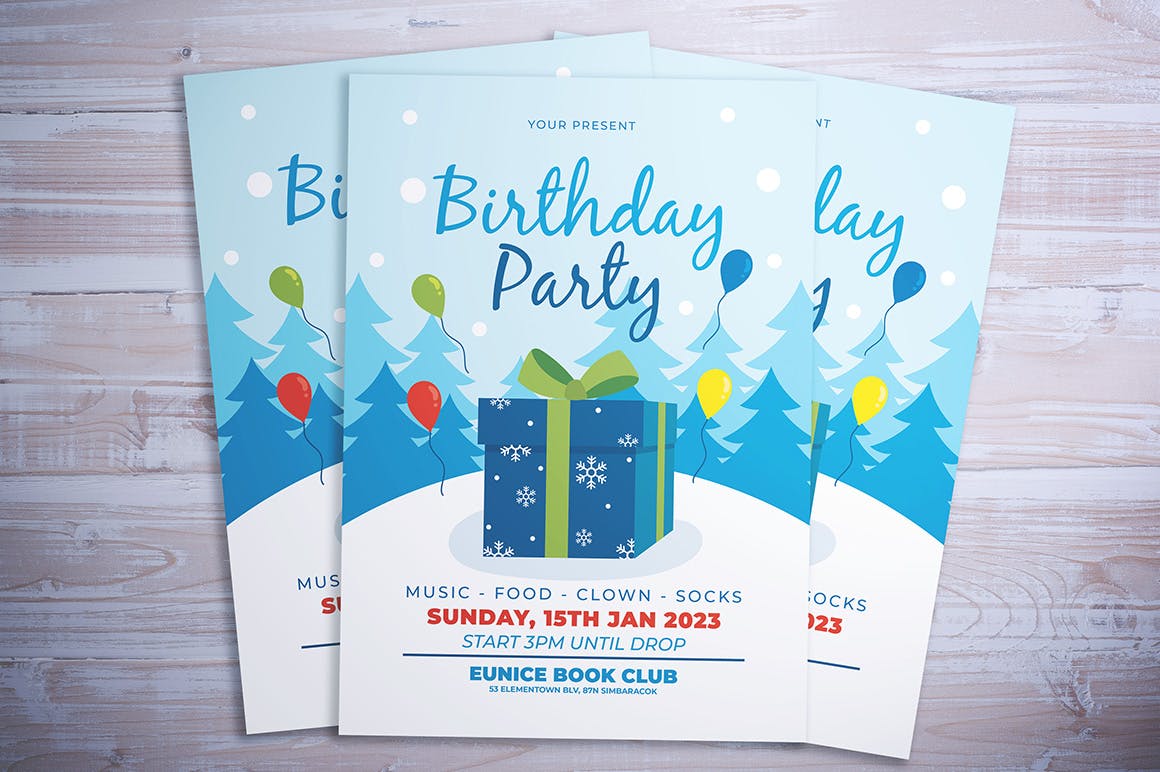 生日会生日派对海报传单素材库精选PSD模板 Winter Birthday Flyer插图(2)