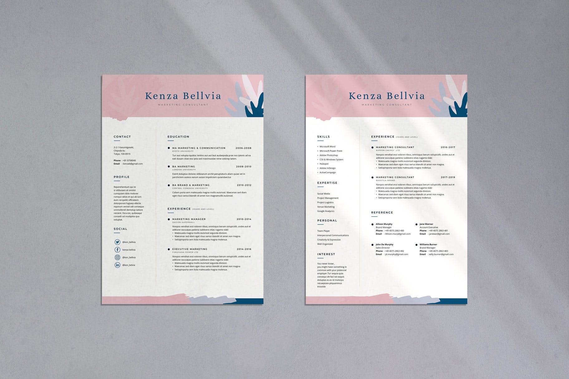 优雅水彩简约设计风格三页式个人简历设计模板 Professional CV Resume – 06插图(1)
