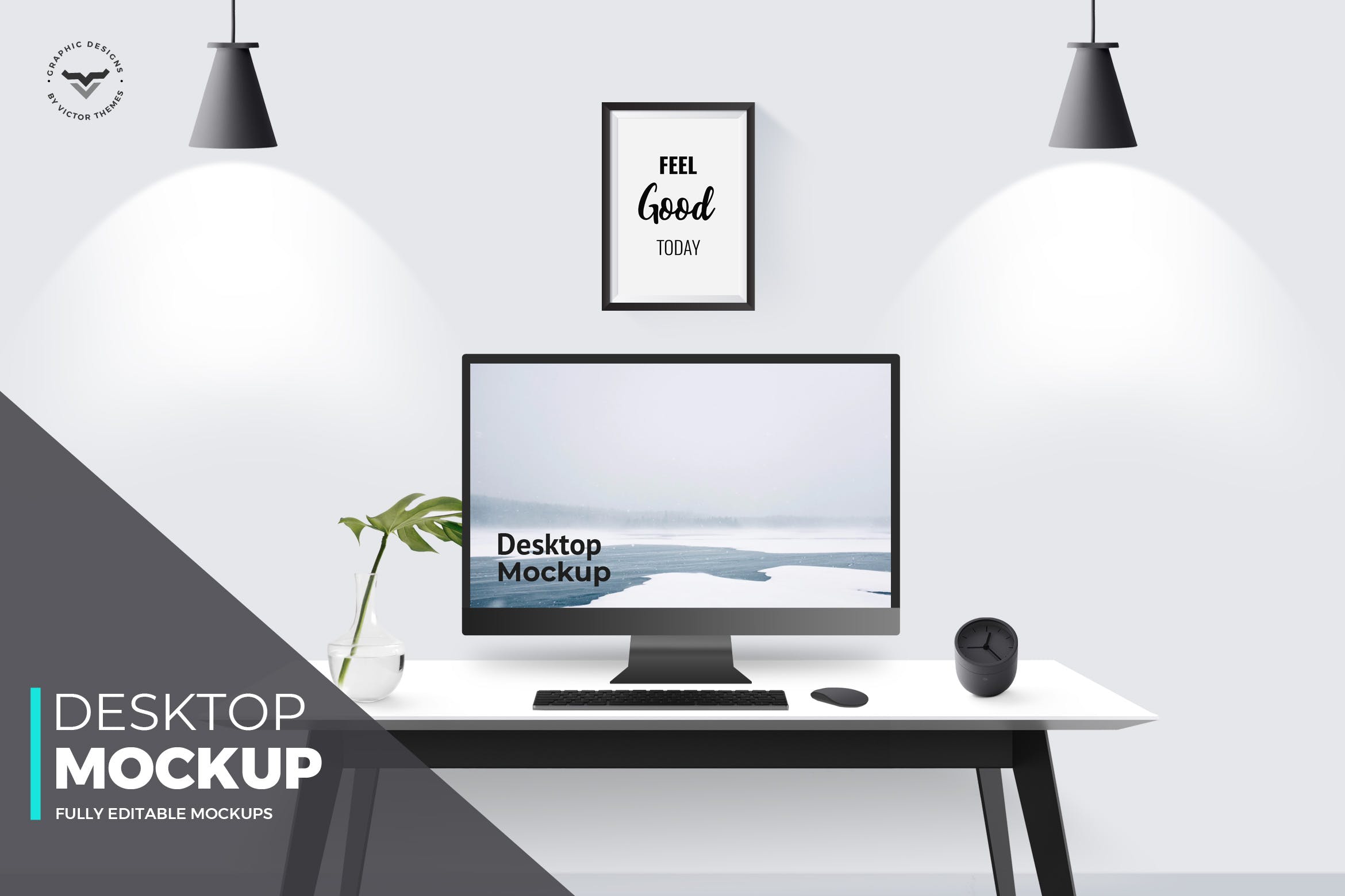 工作室办公桌一体机电脑屏幕预览素材库精选样机 Desktop Mockups with Table插图