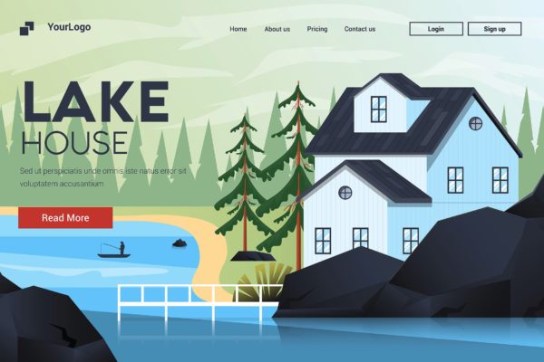 湖边别墅日出美景扁平设计风格矢量插画素材 Flat Modern design Illustration of Mountain House