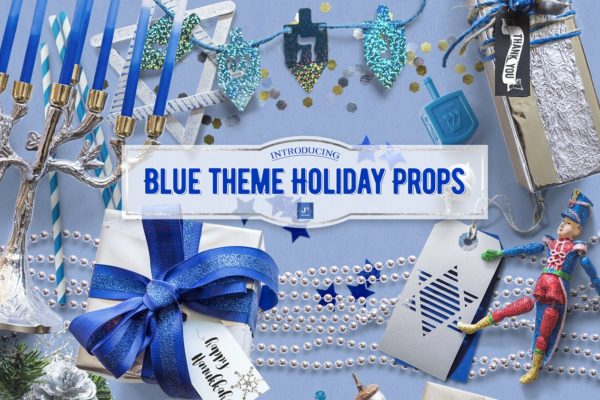 蓝色格调假日和光明节场景设计装饰元素 Holiday &amp; Hanukkah Props in Blue