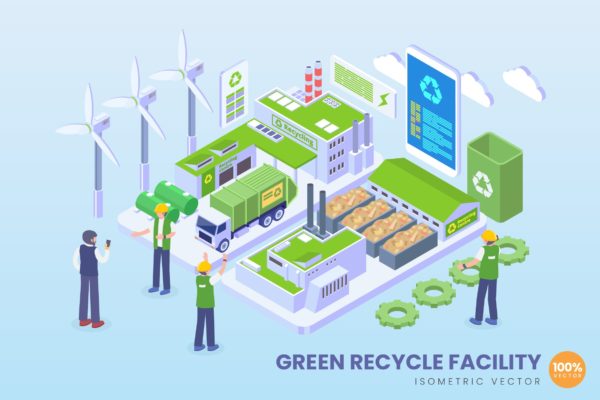 绿色循环环保工厂场景等距矢量科技素材库精选概念插画v1 Isometric Green Recycle Facility Vector Concept