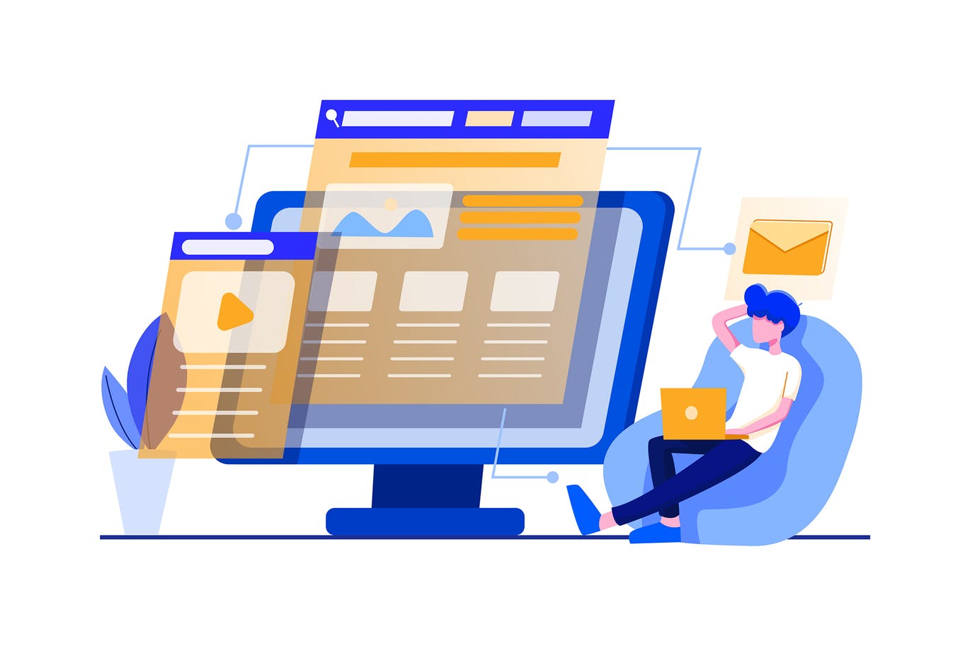 Web开发主题矢量插画素材 Web developer linking websites on sofa vector插图