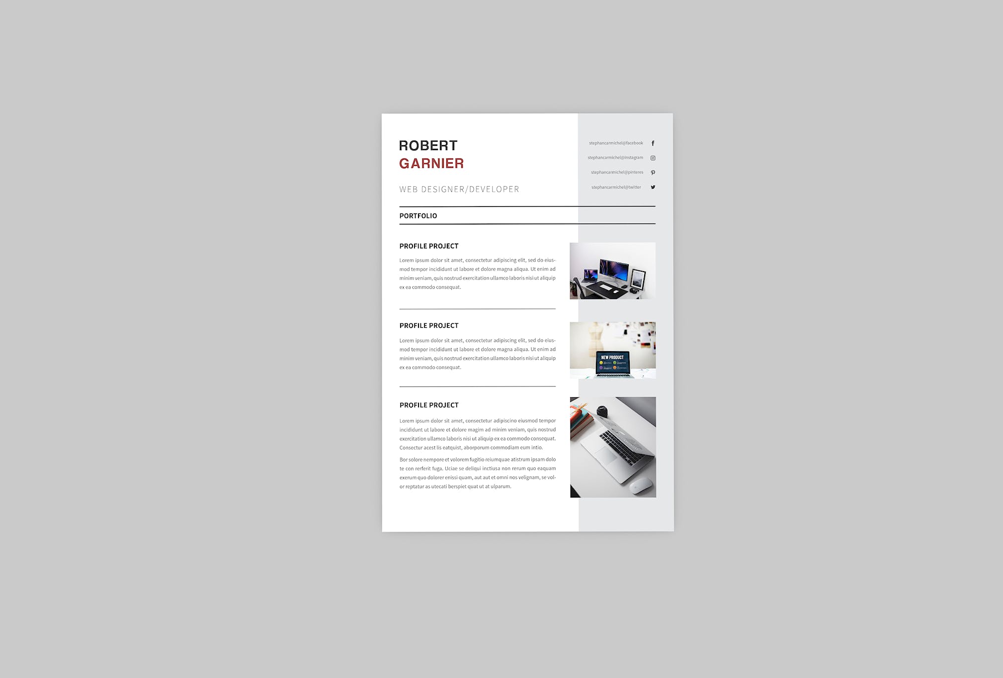 极简设计风格网站设计开发职位应聘简历设计模板 Robert Developer Resume Designer插图(3)