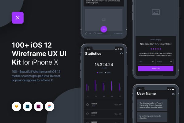 iOS应用设计开发线框图UI/UX设计套件 UIXO – iOS 12 Wireframe UI &amp; UX Kit – iPhone X