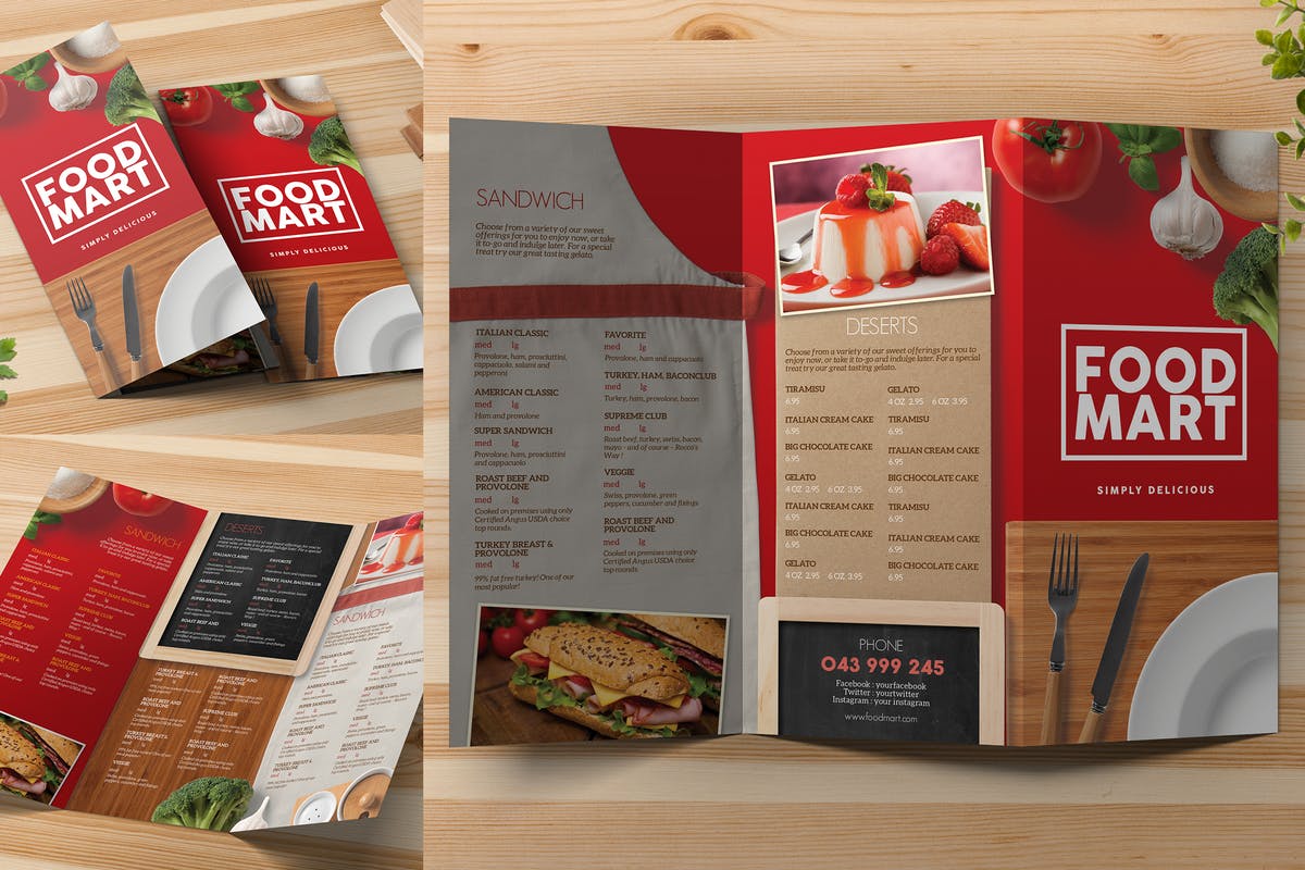 意大利餐厅三折页菜单设计PSD模板 Trifold Restaurant Menu插图