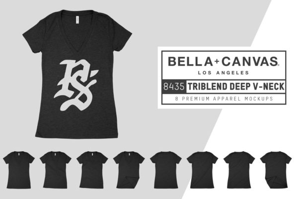 混合面料女士V领T恤服装样机 Bella Canvas 8435 Triblend V-Neck