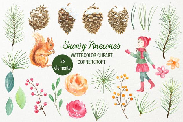 雪花松果圣诞节主题水彩系列插画套装 Watercolor Snowy Pinecones插图(1)