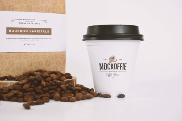 咖啡豆包装袋和咖啡纸杯设计效果图近景样机 Coffee Bag and Sealed Cup Mockup Close up View