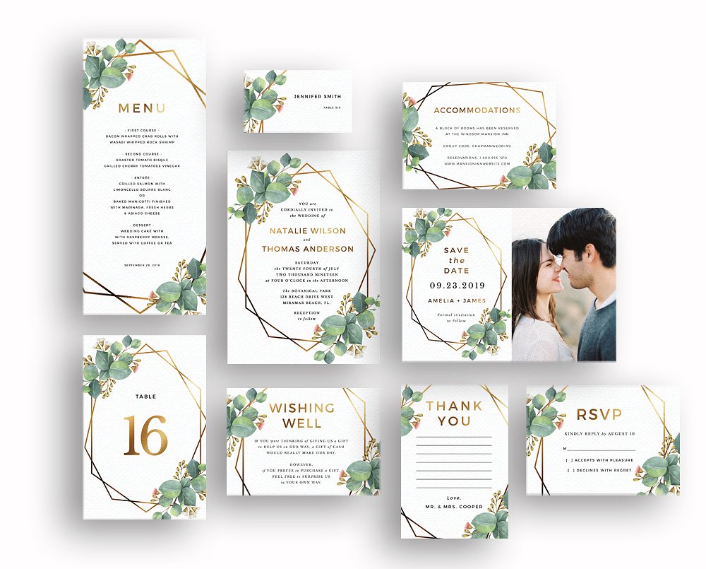黄金比例设计婚礼邀请物料设计模板 Eucalyptus Gold Geometric Frame插图