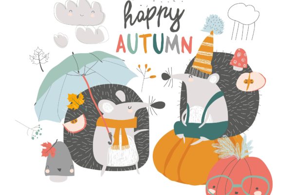 可爱秋日刺猬&amp;南瓜手绘矢量插画素材库精选设计素材 Cute autumn Hedgehogs with umbrella and pumpkins.