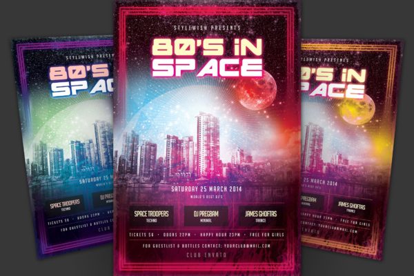 80年代设计风格DJ音乐/夜总会活动海报传单模板 80s In Space Flyer
