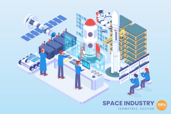 太空工业主题等距矢量科技素材库精选概念插画v2 Isometric Space Industry Vector Concept