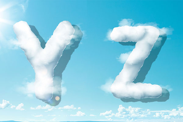 字母“YZ”蓝天背景白云英文艺术字体素材库精选PSD素材