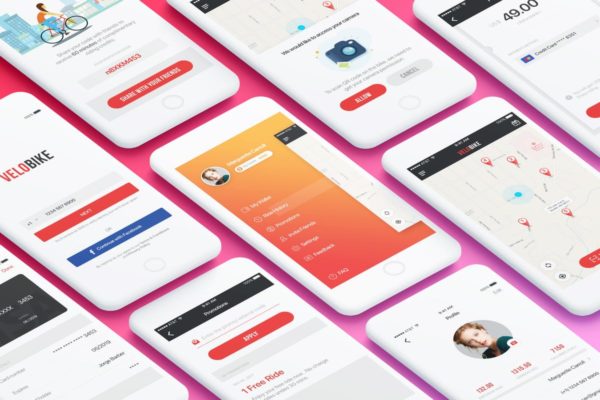 共享单车手机APP应用UI模板 VeloBike – Rental App UI Concept