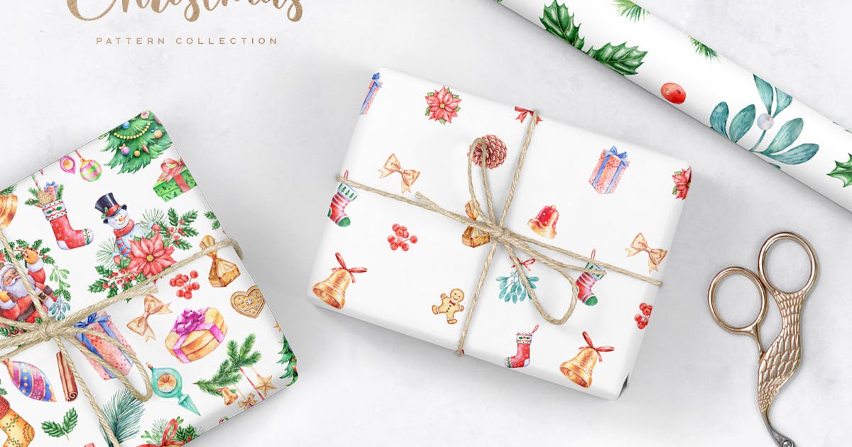 圣诞节礼物主题水彩元素图案素材 Watercolor Christmas Patterns插图