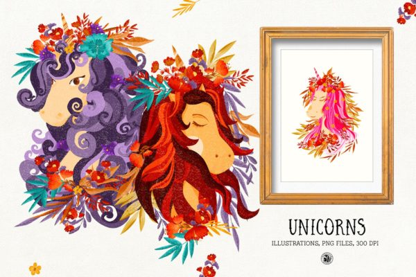 色彩丰富的独角兽素材库精选手绘插画矢量素材库精选PNG素材 Unicorns
