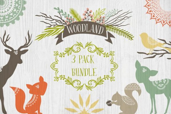 自然森林部落主题设计元素 Woodland Graphics Wreaths &amp; Patterns