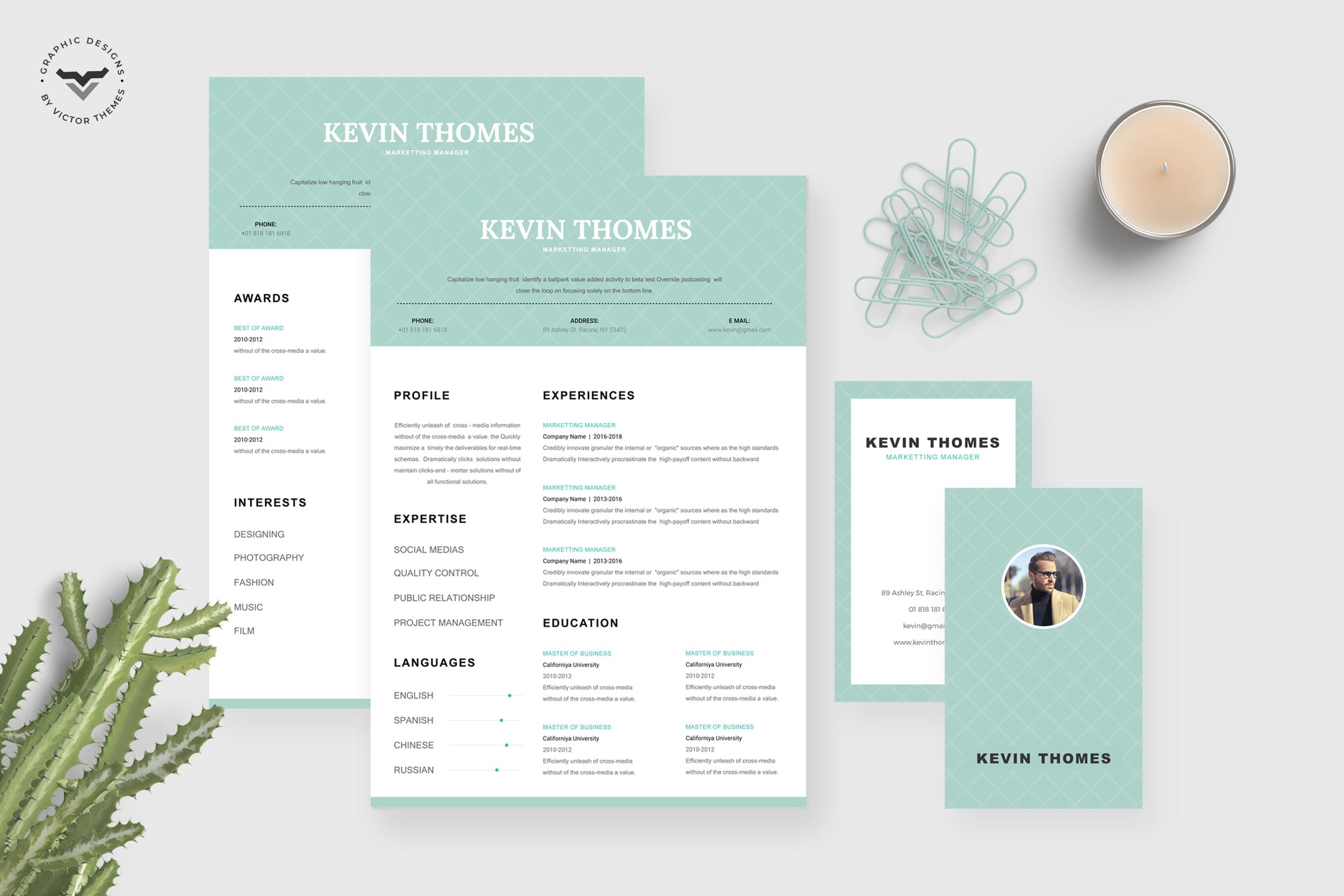 简约设计风格市场营销经理介绍信&简历&名片设计模板 Marketing CV Template插图