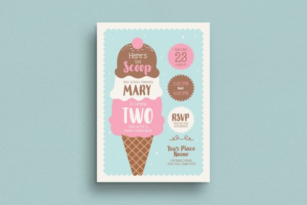 雪糕店周年庆邀请海报传单素材库精选PSD模板 Ice Cream Birthday Invitation